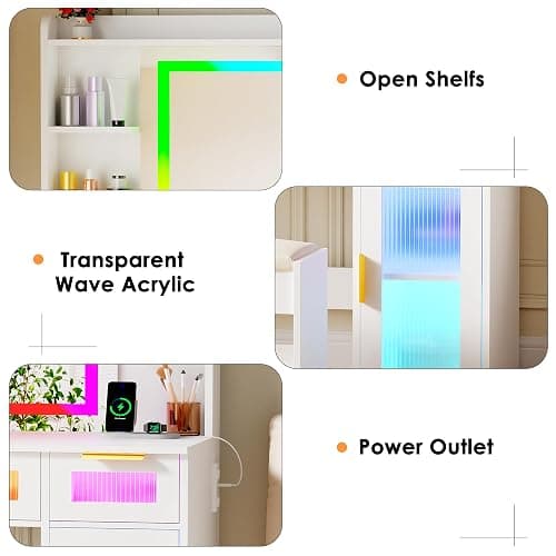 ANWBROAD Large Vanity Desk with Mirror and Lights White Makeup Desk Set with Power Outlet and Remote RGB Vanity with 3 Drawers 2 Cabinets and Stool Vanity Table for Girls Women Bedroom UBDT85W thumbnail 5