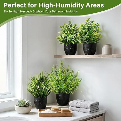 ComRola 4 Pack Small Fake Plants in Black Pots Fern Grass Mix | Faux Artificial Indoor Greenery, Realistic Mini Foliage for Bathroom Decor, Office Shelf & Console Table thumbnail 7