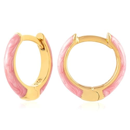 14K Gold Plated Sterling Silver Enamel Color Huggie Hoop Earrings for Women – Wide Range of Vibrant Color Options Available - Image 1