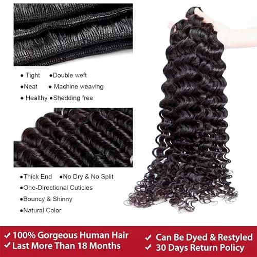 12A Deep Wave Bundles Human Hair 14 16 18 20 Inch Unprocessed Brazilian Virgin Deep Curly Quick Weave 4 Bundles Hair Extensions for Women Natural Color thumbnail 3