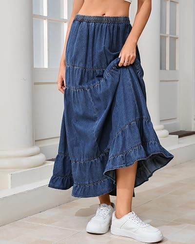 YEXPINE Women's Swing Chambray Maxi Skirt Elastic Waist Pleated Tiered Flowy Long Skirts Retro Denim Skirt thumbnail 6