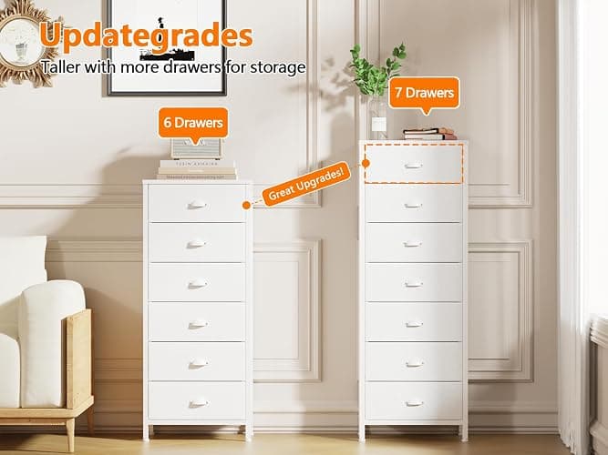 Furnulem White Tall Dresser for Bedroom with 7 Drawers, Vertical Chest of Drawer in Closet, Nightstand Storage Tower Unit Organizer with Fabric Bins for Dorm,Living Room,Entryway,Hallyway - White - 11.4"D x 15.8"W x 47.5"H (7 Drawers) thumbnail 7