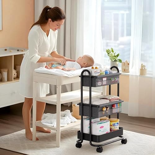 Baby Diaper Caddy Organizer Cart - 3 Tier Rolling Storage Cart with Wheels, Baby Essentials for Nursery Storage, Detachable Dividers - for Crib, Bedroom, Art & Craft Organizer (Dark Grey) thumbnail 8