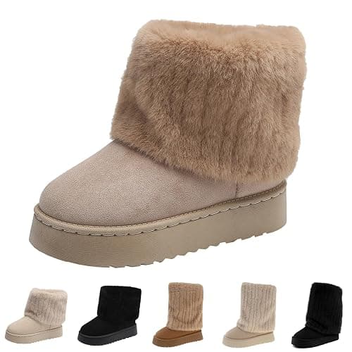 Gezolligheid Women's Faux Fur Mid Calf Snow Boots - Round Toe Suede Warm Fur Lined Platform Flat Comfort Outdoor Winter Fashion Boots - Image 1