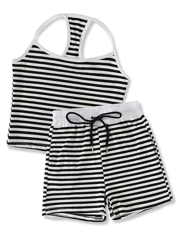 Klyatpxoen Size 7-14Y Girls Clothes 2 Piece Outfits Striped Tank Top Drawstring Shorts Teen Girls Summer Clothing Sets - Image 1