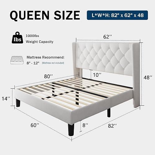 GalnFu Queen Size Bed Frame with Button Tufted Headboard, Upholstered Platform Bed Frame with UnderBed Storage, Wooden Slats Supports, Noise Free, No Box Spring Needed, Easy Assembly, White thumbnail 2