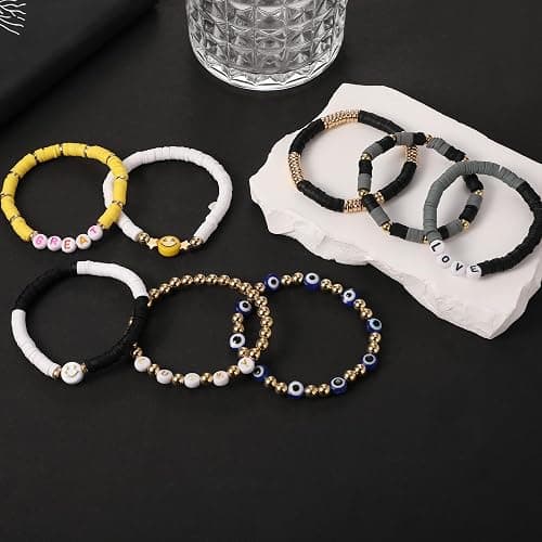 Preppy Bracelets Set Colorful White Gold Smile Heart Star Polymer Beaded Pearl Clay Stackable Charm Y2K Kidcore Aesthetic Summer Beach Bohemian Stretch Layering Bracelets Jewelry for Girls Women Teens thumbnail 4