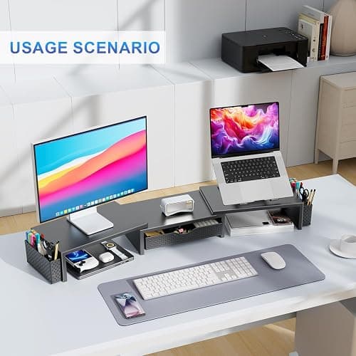 gianotter Dual Monitor Stand Riser, Desk Organizer With Drawer and 2 Pen Holders, Computer Monitor Stand, Shelf for Top of Desk, Black thumbnail 5