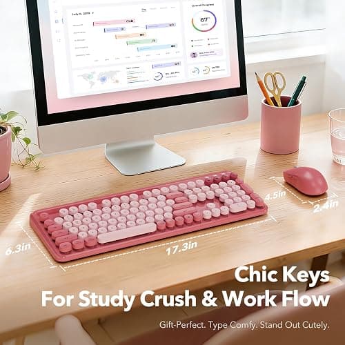Wireless Keyboard and Mouse Combo with Phone/Tablet Holder, Cute Full-Size Typewriter-Style Keyboard, Retro Round Keycaps, 3-Level DPI Mouse, 2.4GHz Cordless Connection for Windows/PC/Laptop (Pink) thumbnail 8