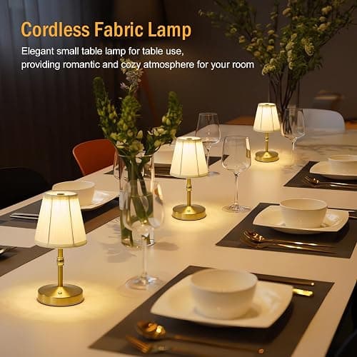 5w Led Cordless Mini Lamps,3000 mah Battery Operated Lamp,3 Color Temperature Dimmable Table Lamp,Gold Rechargeable Table Lamp Fabric,Aesthetic Small kitchen Lamp for Counter,Restaurant,Bar,H9.8" thumbnail 3