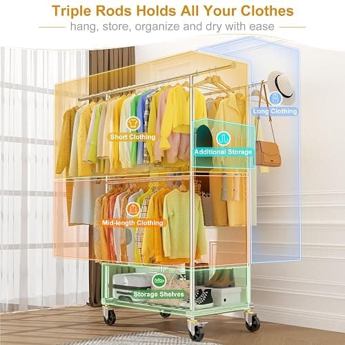 100% Stainless Steel Heavy Duty Clothes Rack Load 960LBS, Three Rods Clothing Racks for Hanging Clothes Extendable，Rolling Garment Rack With Sturdy Wheels Shelves Hooks, Portable Closet Wardrobe Rack thumbnail 6