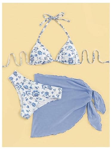 SHENHE Women's 3 Piece Floral Bikini Set with Wrap Coverup Halter Triangle Swimsuits thumbnail 5