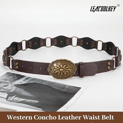 LEACOOLKEY Western Concho Rivet Belt for Women Vintage Leather Belt Western Waist Belt for Skirts Jeans thumbnail 5