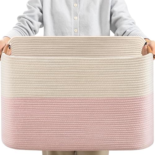 danpinera Large Woven Basket 25’’*16’’*16’’ Rectangle Woven Baskets for Storage, Storage for Living Room, Soft Cotton Rope Basket With Handle, Large Basket for Kids Dog Toys, 108L Pink+White - Image 1