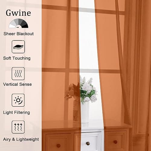 Gwine Burnt Orange Sheer Curtains for Bedroom 54 inches Long 2 Panels, Light Filtering Voile Rod Pocket Curtains, Airy Transparent Fall Sheer Drapes for Living Room, Each 42 Wx54 L thumbnail 2