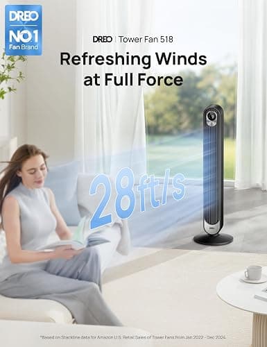 Dreo Tower Fan 42 Inch,Quiet Oscillating Bladeless Fan with Remote, 6 Speeds, 4 Modes, LED Display, 12H Timer, Black Floor Standing Fan Powerful for Indoor Home Bedroom Office Room thumbnail 2