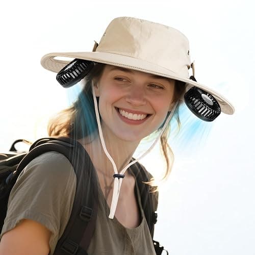 AMACOOL 2-in-1 Hands-Free Hat Fan with Detachable Neck Fan, UPF 50+ Wide Brim Sun Hat, 3-Speed Adjustable, 2600mAh Rechargeable Fishing Essentials for Men Women Camping Travel Delivery Outdoor-Khaki - Image 1