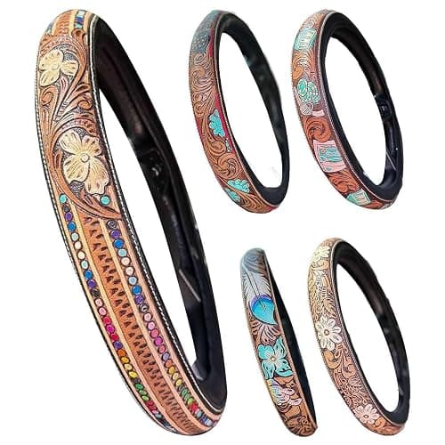 Western Leather Steering Wheel Cover - Retro Western Cowboy Handcrafted Tooled Leather, Anti Slip Universal, Auto Interiors Accessories, Breathable for Suvs,Trucks (C) thumbnail 5
