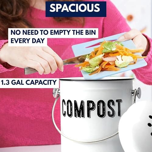 Granrosi Countertop Compost Bin Kitchen - 1.3 Gal Indoor Compost Bucket with Lid for Kitchen; Farmhouse Rust Proof & Odorless Composter Bin for Countertop; 3 Charcoal Filters - White thumbnail 3