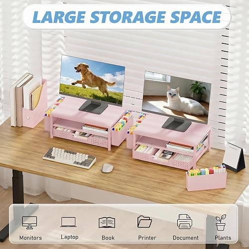 OPNICE Desk Organizers and Accessories, 2-Tier Computer Monitor Stand Riser with Drawer and 2 Pen Holders, Laptop Stand, Office Desk Accessories for Office Supplies, Pink thumbnail 6