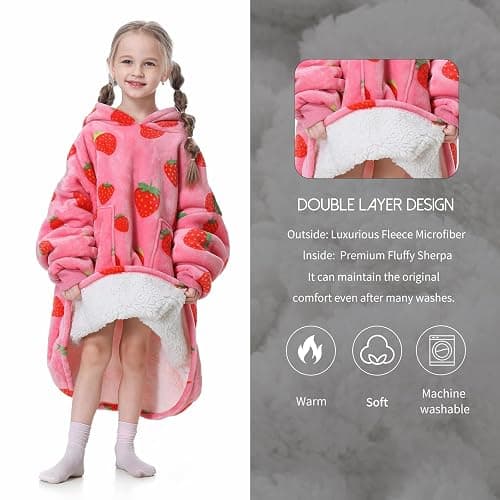 Aemicion Strawberry Blanket Hoodie Gifts for Kids,Oversize Sherpa Wearable Blanket,Cozy Sweatshirt Blanket for Girls thumbnail 4