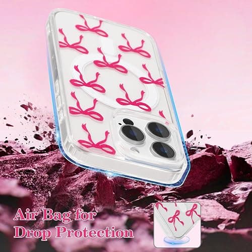 UEEBAI Magnetic for iPhone 16 Pro Max Case, Bow Case Compatible with MagSafe, Wireless Slim Clear Ribbon Aesthetic Phone Cover Anti-Yellowing Shockproof Protective Cover for Women Girl - Hot Pink thumbnail 5