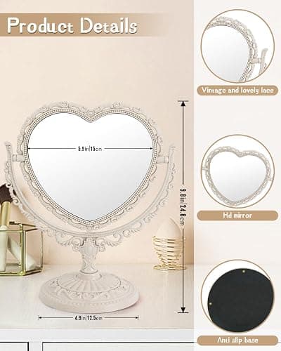 D&XQAUO Vintage Heart Mirror for Desk Cute Coquette Room Decor,Vanity & Bathroom Double-Sided Rotating Makeup Table Mirror with Stand thumbnail 2