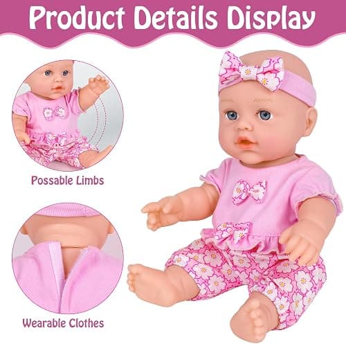 UZIDBTO 12 Inch Baby Dolls with Backpack Carrier Can Store Doll Clothes and Accessories,12" Reborn Baby Doll Set in Gift Box with Feeding Bottle Nipple Diaper for Kids Toddler Age 3+ thumbnail 6
