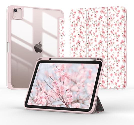 Jarviwiin Case for iPad Air 11 Inch M3/M2 2025/2024, iPad Air 5th/4th Generation 10.9" 2022/2020, Tri-Fold Folio Auto Wake/Sleep Cover with Clear Back/Pencil Holder for Air 5 4 (Floral Pink) - Image 1