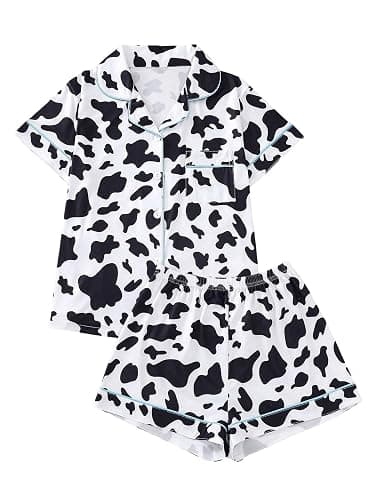 WDIRARA Women's Two Piece Animal Print Short Sleeve Button Shirt and Elastic Waist Shorts Pajama Set - Image 1
