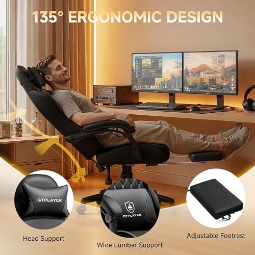GTPLAYER Gaming Chair, High Back Leather Computer Game Chair with Footrest, Ergonomic Height Adjustable Office Chair with Removable Cover and Lumbar Support for Gaming and Work (Black) thumbnail 5