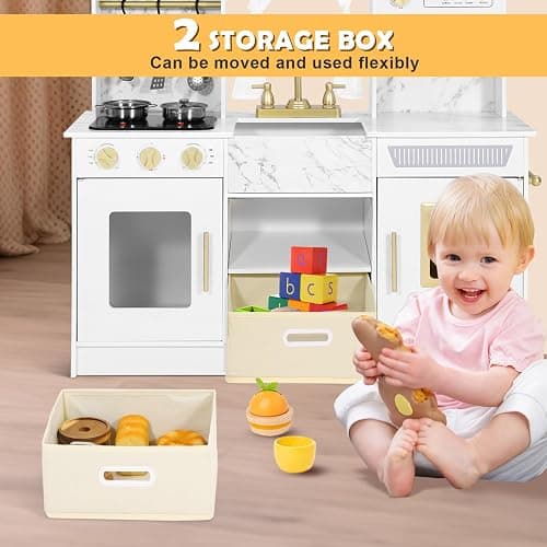 JOYLDIAS Play Kitchen, Wooden Kids Play Kitchen Playset Chef Pretend Play Set for Toddlers w/Ice Cube Dispenser, Oven, Cooking Accessories,Trendy Home Style w/Curtains, Storange Box, Gift for Ages 3+ thumbnail 6