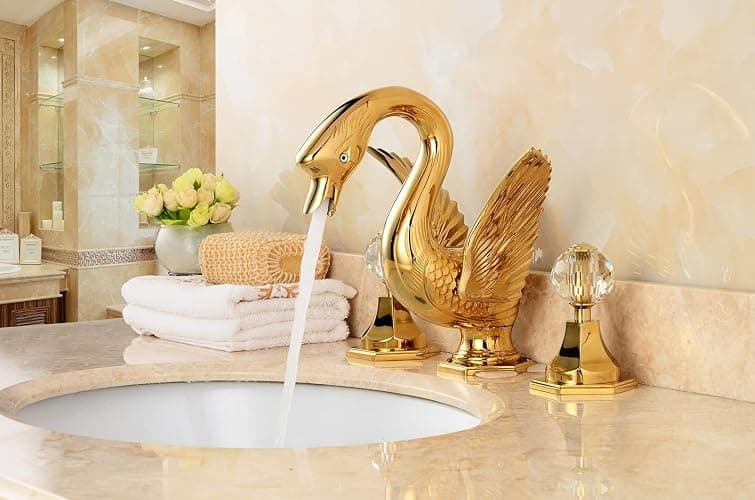 YCCUZA Widespread Bathroom Faucet Swan Design Gold Two Handles 3 Holes 8-16 Inch Bathroom Sink Faucet Lavatory Mixer Tap with Water Supply Hose Deck Mount Bathtub thumbnail 6