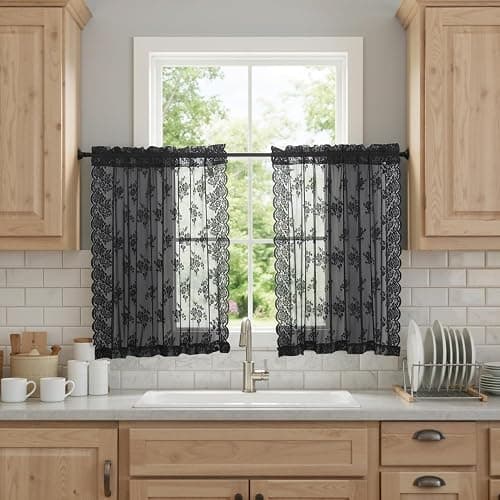 Kotile Short Black Lace Curtains for Small Windows W42 x L36 Inch, 2 Panels | Rod Pocket, Graceful Openwork Detail, Even Window Light, Vintage Gothic Mood, Tailored Short-Window Look, Privacy thumbnail 5