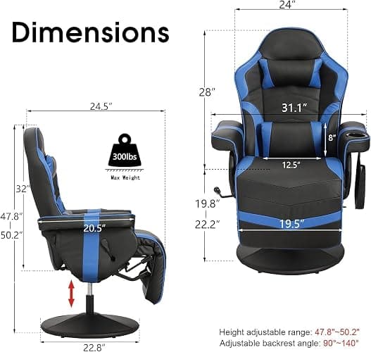 LVUYOYO Reclining Gaming Chair, Massage Gaming Chairs for Adults, High Back PU Leather Game Recliner w/Adjustable Height, Swivel Game Chair with Lumbar Support, Cup Holder, Headrest thumbnail 3