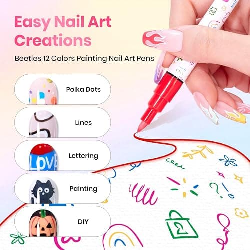 Beetles 12 Colors Nail Art Pens, 0.7mm Fast Color Filling Nail Polish Pens | Quick Air Drying Acrylic Paint Markers for Nail Art Design Smooth Painting Dots Liner Lettering, DIY Home Salon Nail Art Tool thumbnail 2