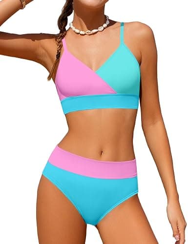 ADIFUN Girls Swimsuit V Neck Bikini Set Color Block with Cover Up 3Pcs Bathing Suits - Image 1