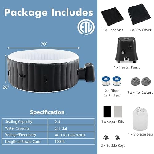 GYMAX Hot Tub, Inflatable Hot Tub with 130 Soothing Bubble Air Jets, Insulated Lockable Cover, Ground Mat & Filter Cartridges, Outdoor Blow Up Spa Tub for Backyard, Patio (Round, 2-4 Person) thumbnail 7