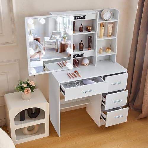 Teousev Vanity Desk with Lighting and Mirror,Small Vanity with 4 Drawers 6 Storage Shelves 3 Lighting Colors for Gilrs Vanity,White,31.5" L*14.2" W*51.2" H thumbnail 6