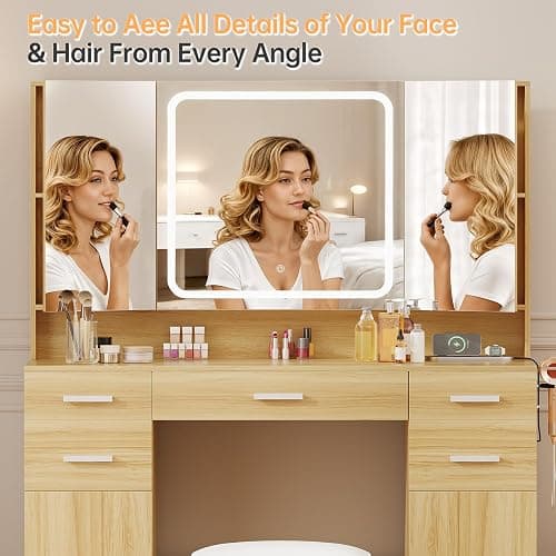 Vanity Desk with Mirror and Lights, Tri-Folding Mirror Makeup Vanity with 7 Drawers, Large Vanity Table Set with 3 LED Light Modes and Cushioned Stool, Power Outlet, Perfect for Bedroom, Oak thumbnail 3