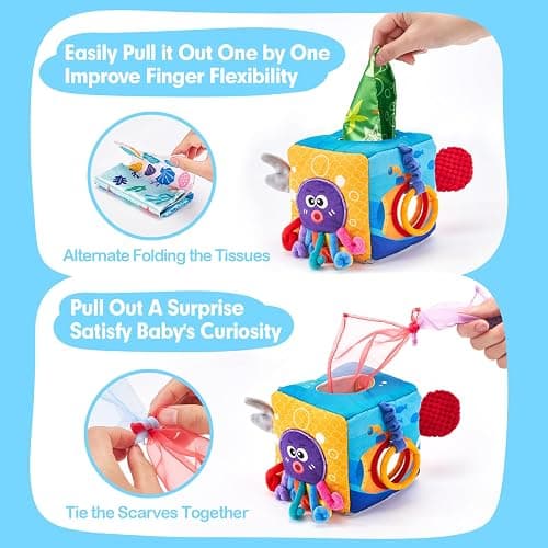 hahaland Baby Tissue Box Toy - Baby Toys 6-12 Months Montessori Toys for 6 Month Old with Textured Tails, Crinkle Tissues, Squeaky, Mirror, Gifts Play Silks Sensoy Scarves for Babies Stocking Stuffers thumbnail 5
