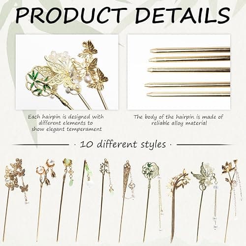 10Pcs Gold Vintage Hair Sticks Pins Metal Long Hairpins with Butterfly Flower Pearls Beads Jade Tassel Pendant Asian Chinese Hanfu Hair Chopsticks Hair Bun Updo Holders Hair Accessories for Women thumbnail 3