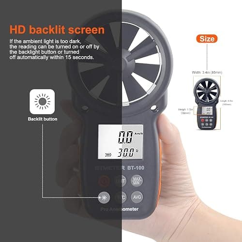 BTMETER BT-100 Handheld Anemometer, Digital Wind Speed CFM Meter Gauge Air Flow Velocity Tester for HVAC Shooting Drone, Wind Chill, 14℉-113℉ Wind Temperature thumbnail 6