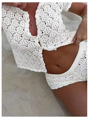 GORGLITTER Women's Crochet Short Sets Short Sleeve Button Down Cardigan Top and Shorts Vacation Outfits thumbnail 3