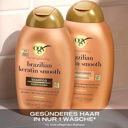 OGX Brazilian Keratin Smooth Shampoo (385 ml), glättendes Haarshampoo mit Keratin, brasilianischem Kokosöl, Avocadoöl und Kokosnussbutter, ohne Sulfate thumbnail 7