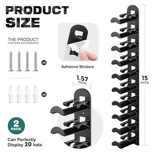 Hat Hook for Wall, 2 Pack Hat Organizer Hold up to 20 Hats,Hat Holder with Strong Adhesive and 8 Pack Screws, Cap Holder Hat Hangers for Wall Closet Door and Bedroom(B-Black) thumbnail 2