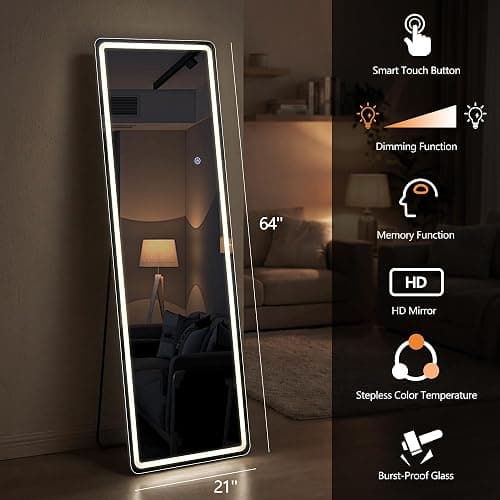 Chiiva 64"x21" LED Full Length Mirror with Lights - Full Body Floor Mirror, Dimmable with 3 Color Temperature, Memory Function, Standing Leaning Wall Mounted Vanity Mirror for Bedroom Cloakroom thumbnail 6