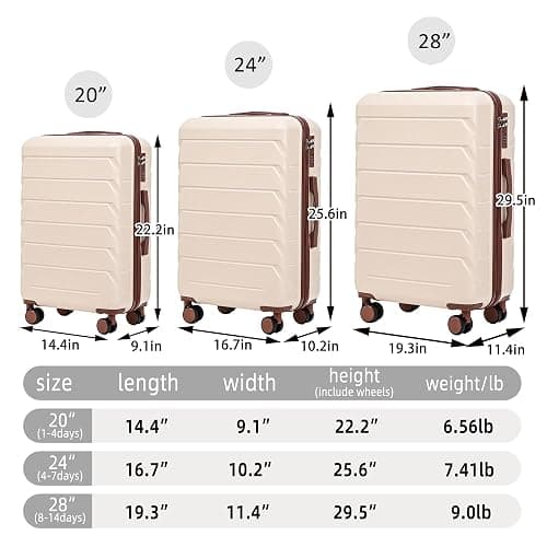 Merax 3 Piece ABS Hardside Luggage Sets Spinner Wheels Suitcase with Lock, Beige, 20/24/28 Inch thumbnail 7