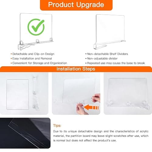 Fixwal 8 PCS Detachable Acrylic Shelf Dividers for Closet Organization Clear Shelf Divider for Closet Organizers and Vertical Purse Organizer for Closet, Bedroom, Kitchen, Office, Cabinets, Bathroom thumbnail 3