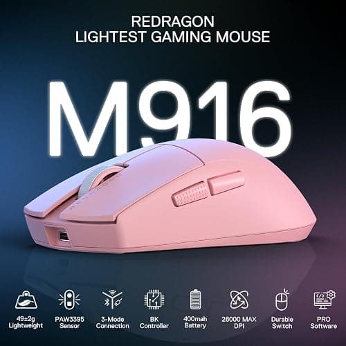 Redragon M916 PRO 3-Mode Wireless Gaming Mouse, 49G Ultra-Light 26K DPI Mouse w/Ergonomic Natural Grip Build, Full Programmable Buttons, Software Supports DIY Keybinds & DPI (1K Hz, Pink) thumbnail 7